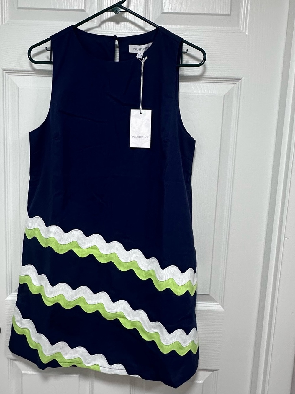 PROSPERINA Navy Sleeveless Shift Dress with White & Lime Wave Trim